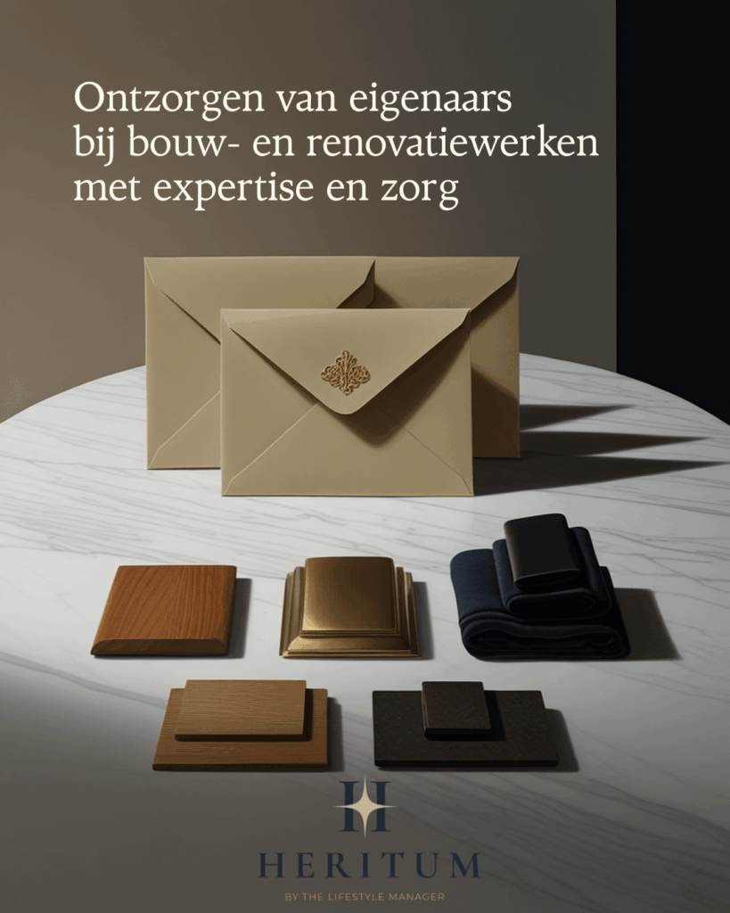 Enveloppen en materiaalstalen op een marmeren tafel: HERITUM ontzorgt eigenaars bij bouw- en renovatiewerken