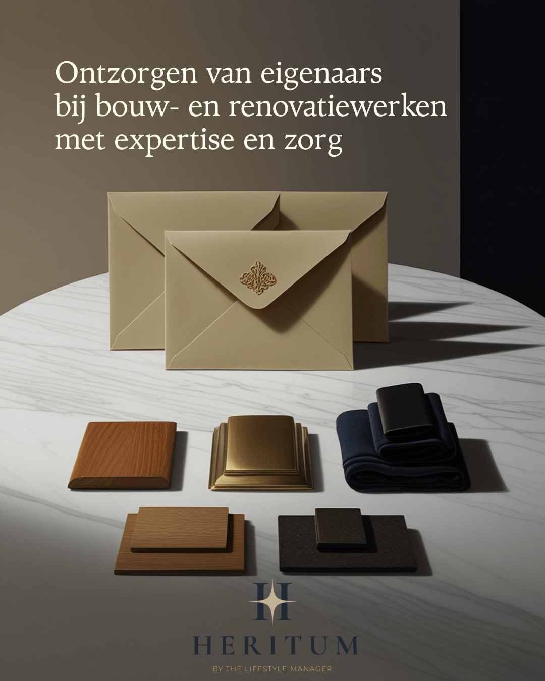 Enveloppen en materiaalstalen op een marmeren tafel