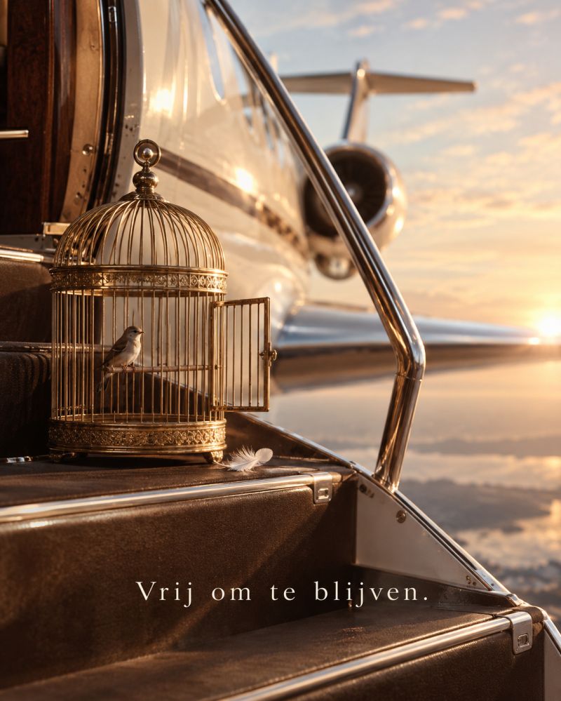Birdcage with an open door on the steps of a private jet